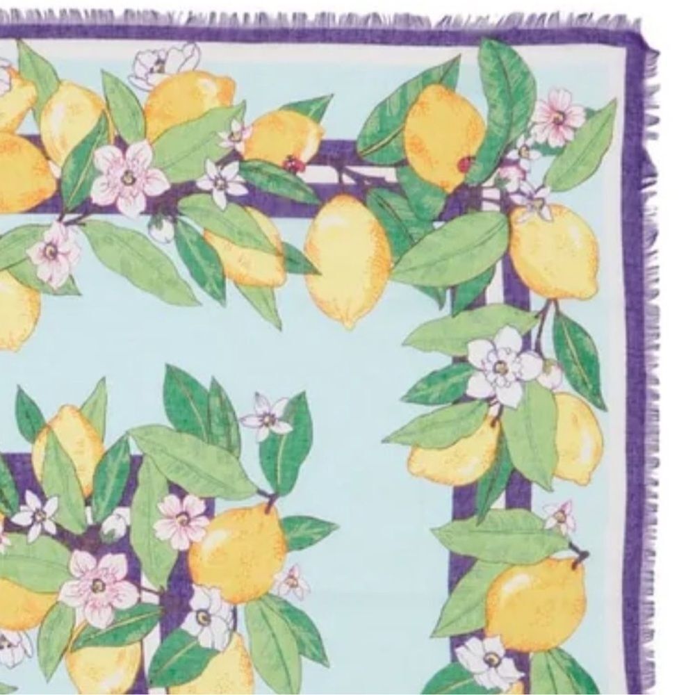 Vera Bradley Lemon Grove Blue Yellow Green Purple White Blossoms Fringe Scarf - Picture 5 of 13